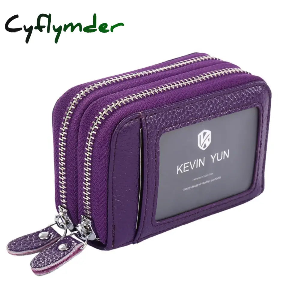 Cyflymder Fashion Brand Women Id Card Holder Genuine Leather Double Zipper Ladies Credit Case