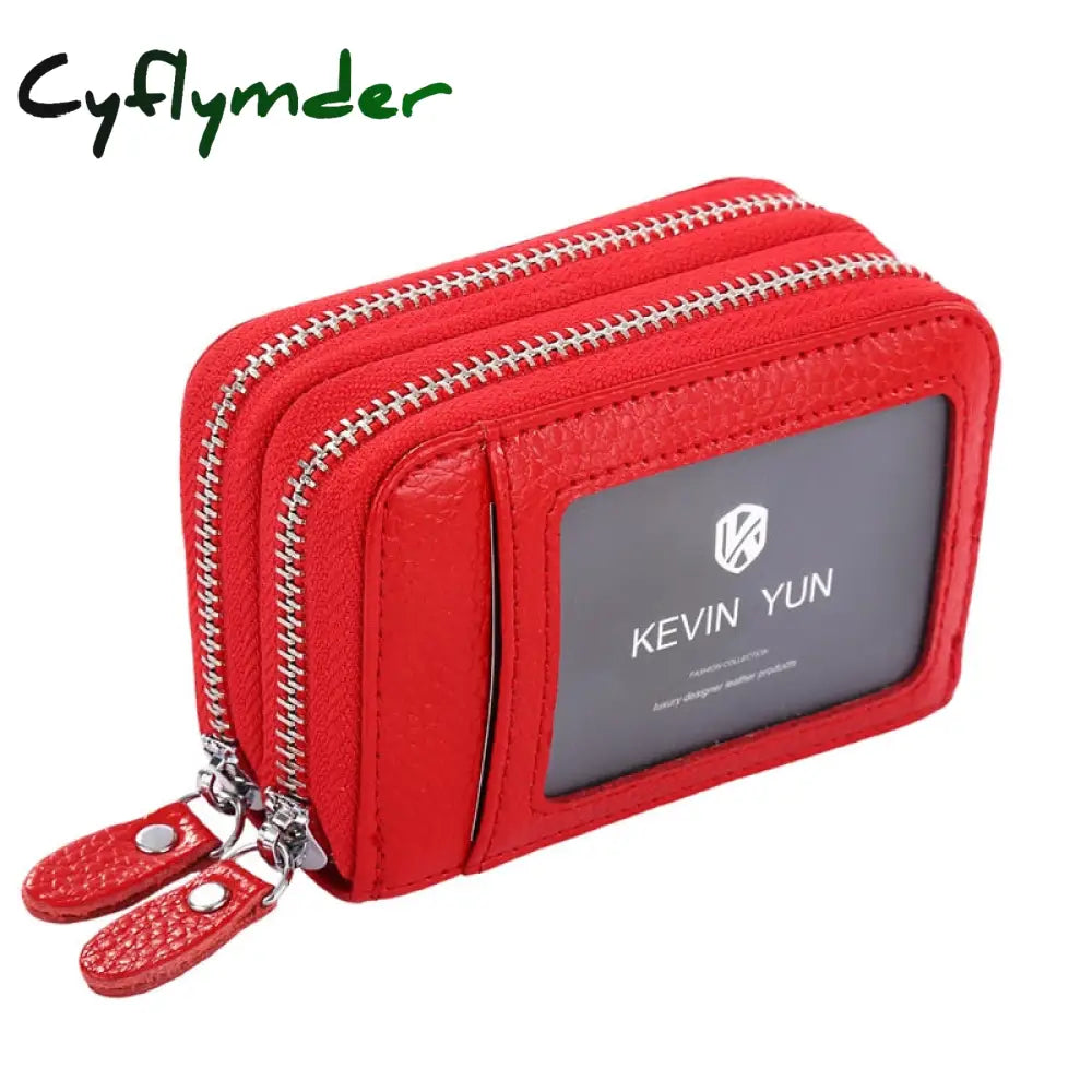 Cyflymder Fashion Brand Women Id Card Holder Genuine Leather Double Zipper Ladies Credit Case