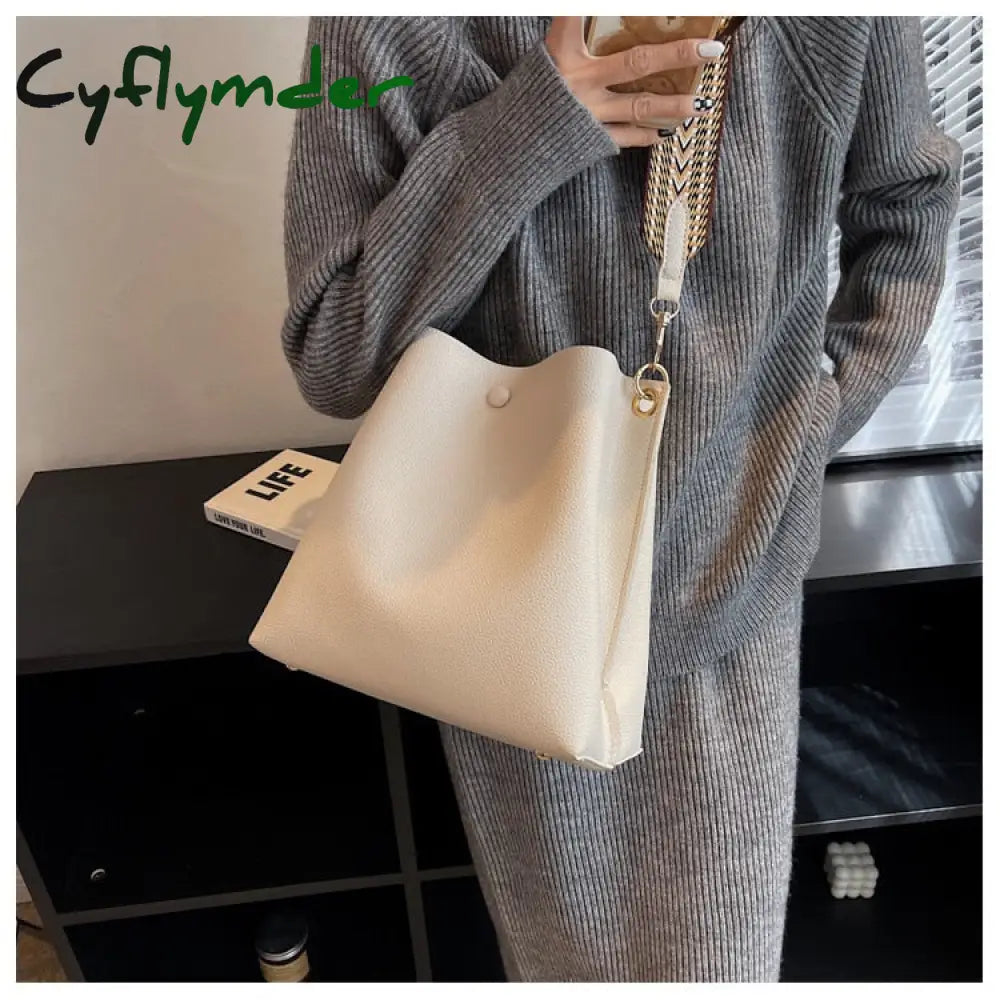 Cyflymder Fashion Bucket Bag For Women Handbag Pu Leather Shoulder Bag Luxury Designer Wide Strap