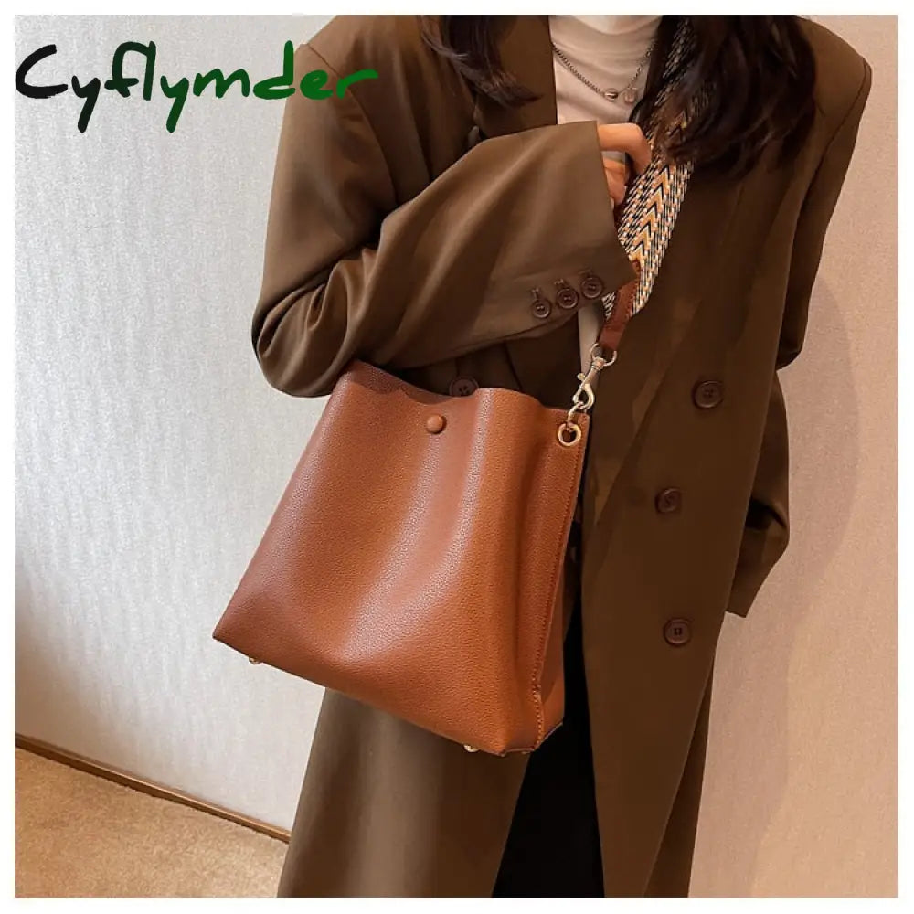 Cyflymder Fashion Bucket Bag For Women Handbag Pu Leather Shoulder Bag Luxury Designer Wide Strap