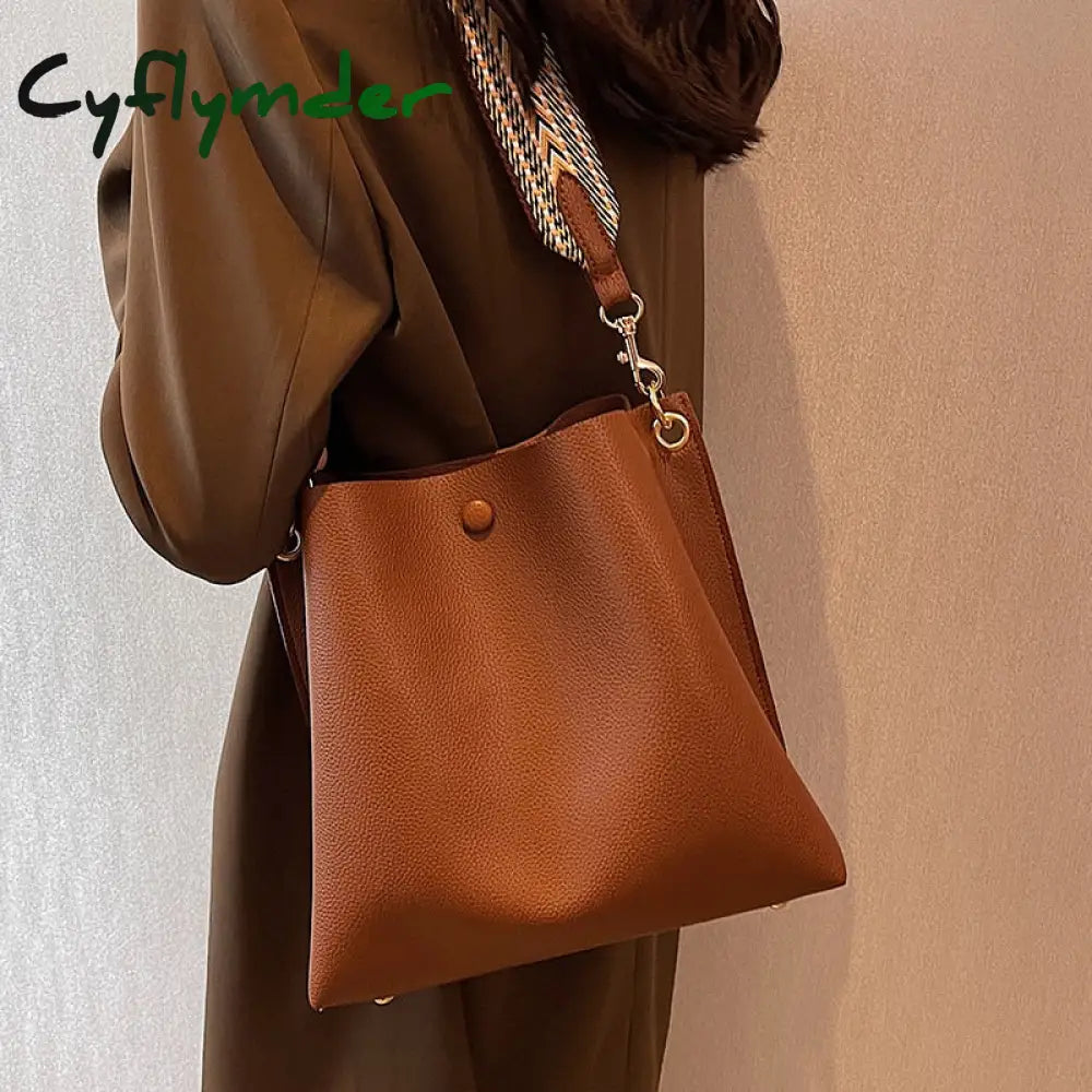 Cyflymder Fashion Bucket Bag For Women Handbag Pu Leather Shoulder Bag Luxury Designer Wide Strap