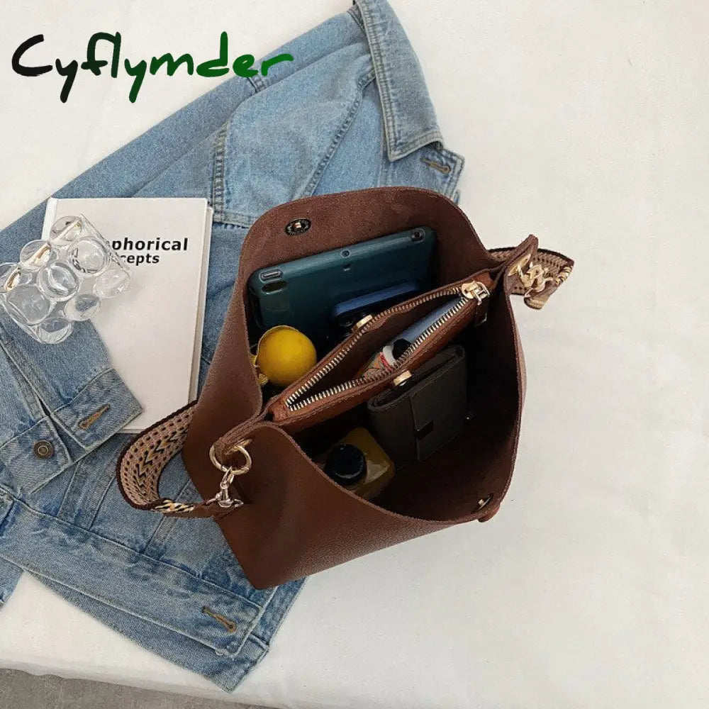 Cyflymder Fashion Bucket Bag For Women Handbag Pu Leather Shoulder Bag Luxury Designer Wide Strap