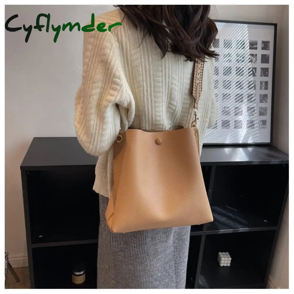 Cyflymder Fashion Bucket Bag For Women Handbag Pu Leather Shoulder Bag Luxury Designer Wide Strap