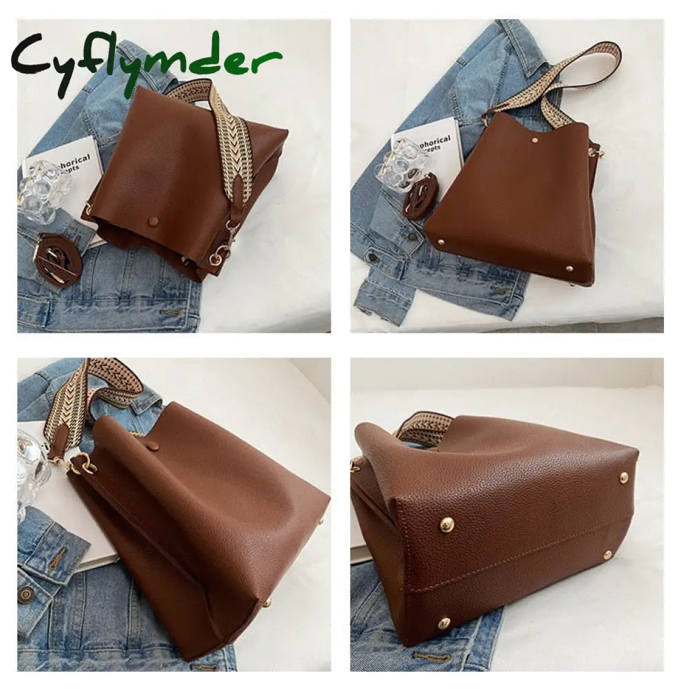 Cyflymder Fashion Bucket Bag For Women Handbag Pu Leather Shoulder Bag Luxury Designer Wide Strap