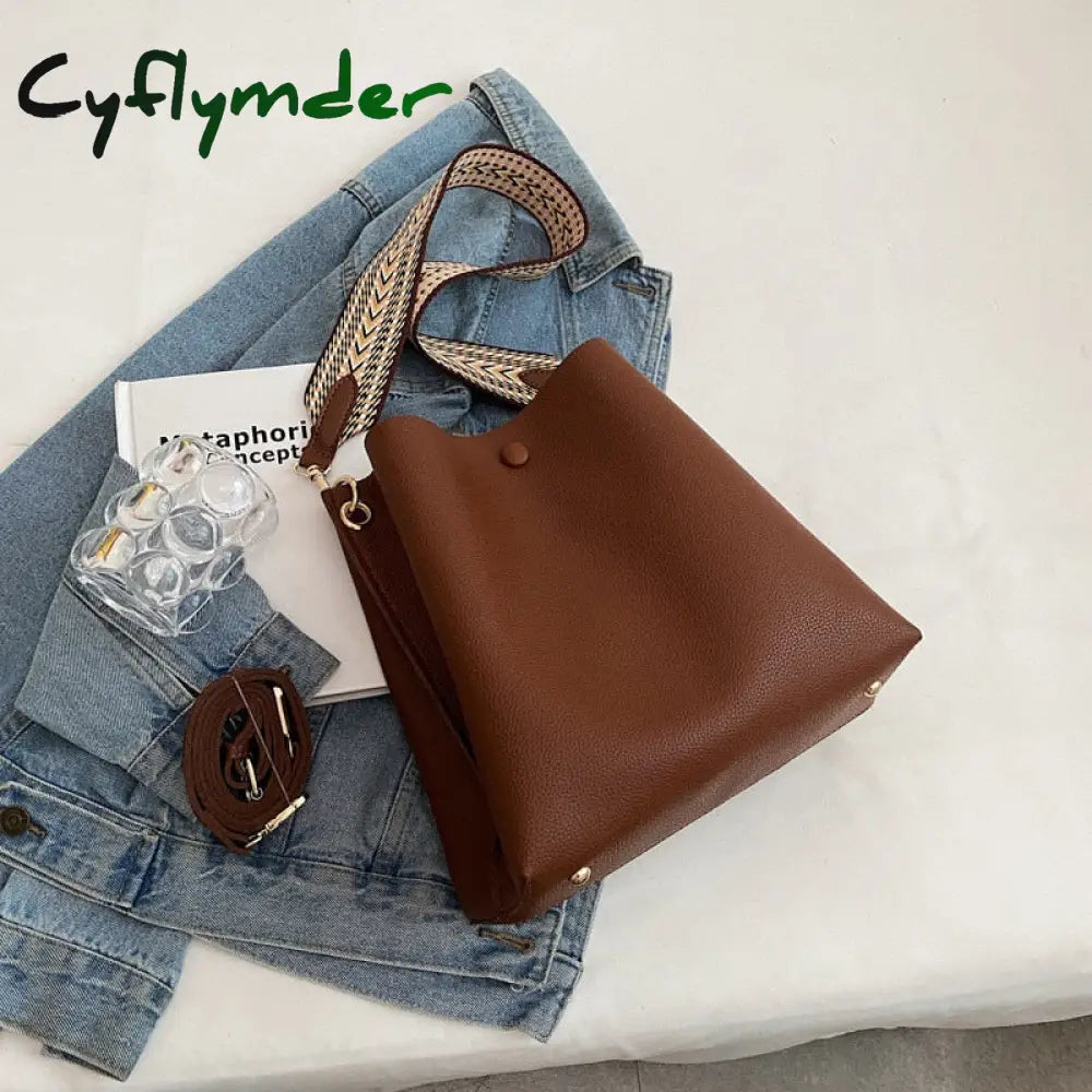 Cyflymder Fashion Bucket Bag For Women Handbag Pu Leather Shoulder Bag Luxury Designer Wide Strap