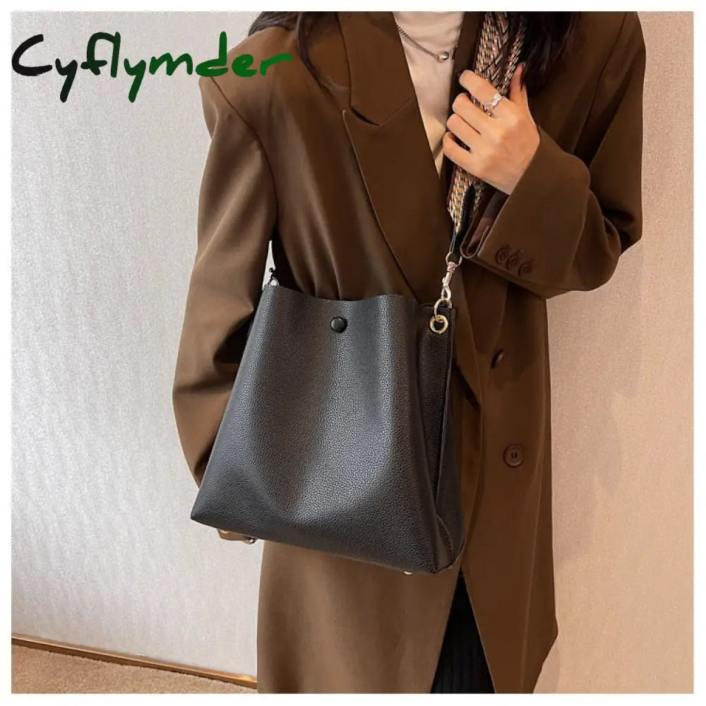 Cyflymder Fashion Bucket Bag For Women Handbag Pu Leather Shoulder Bag Luxury Designer Wide Strap