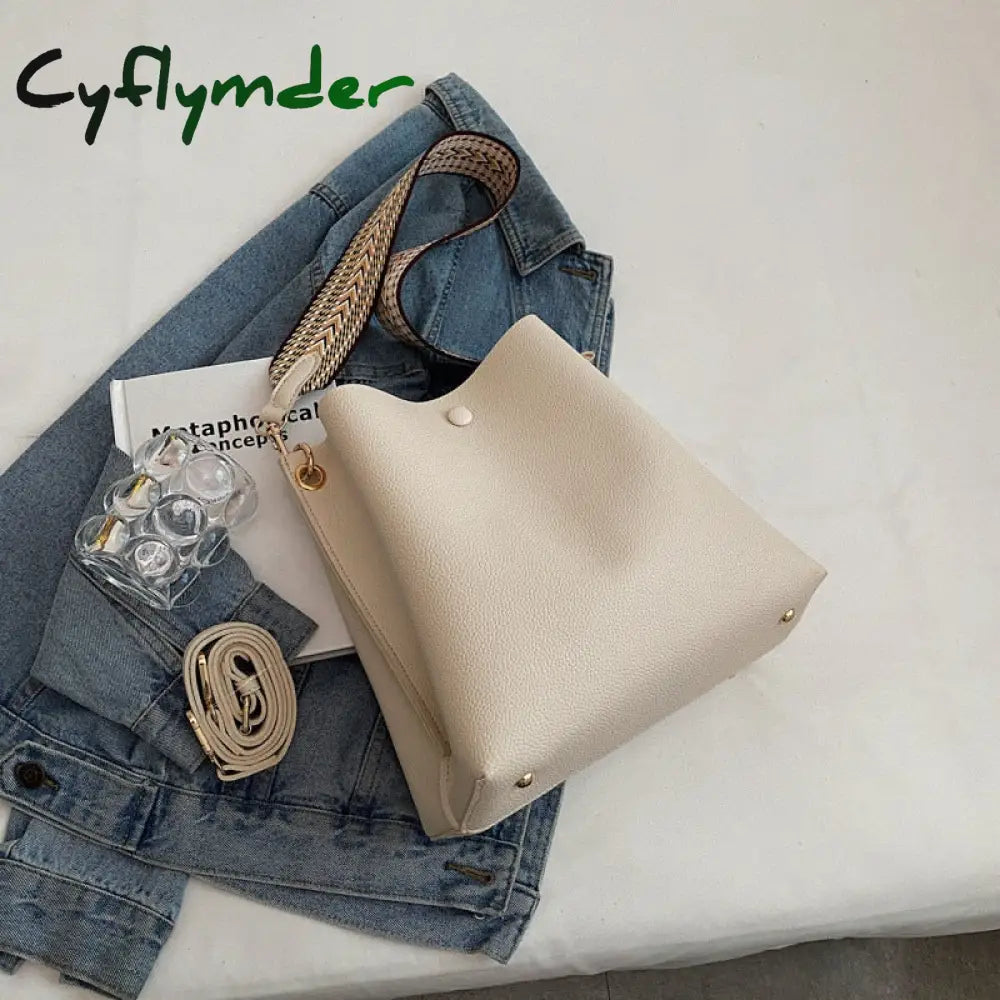 Cyflymder Fashion Bucket Bag For Women Handbag Pu Leather Shoulder Bag Luxury Designer Wide Strap