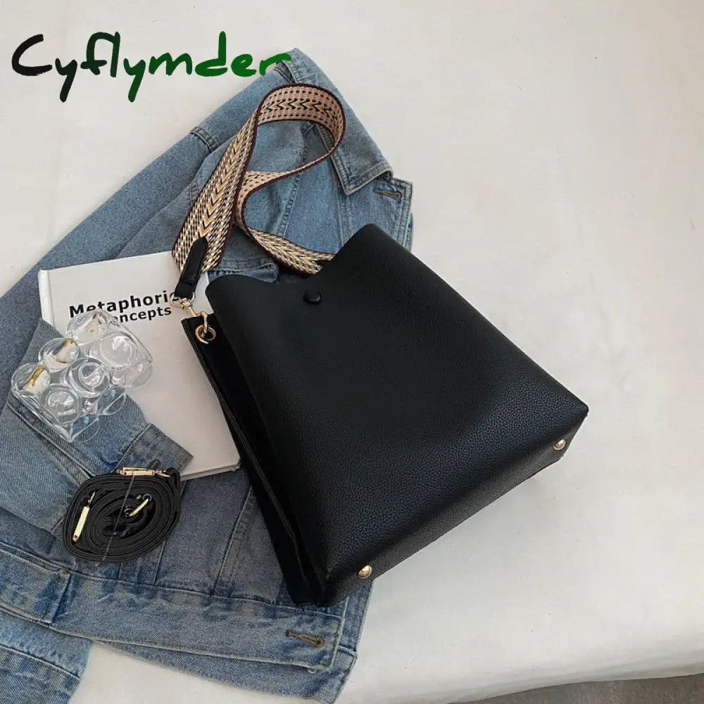 Cyflymder Fashion Bucket Bag For Women Handbag Pu Leather Shoulder Bag Luxury Designer Wide Strap