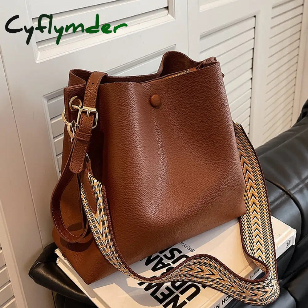 Cyflymder Fashion Bucket Bag For Women Handbag Pu Leather Shoulder Bag Luxury Designer Wide Strap