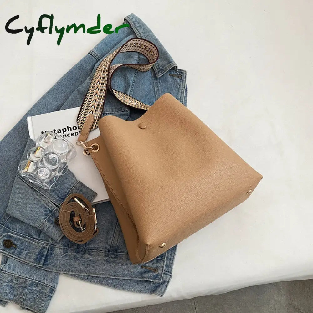 Cyflymder Fashion Bucket Bag For Women Handbag Pu Leather Shoulder Bag Luxury Designer Wide Strap