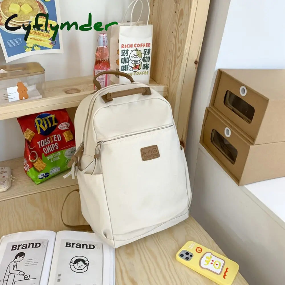 Cyflymder Fashion Canvas Backpack Women Large Capacity Schoolbag Solid Color Unisex Laptop Travel