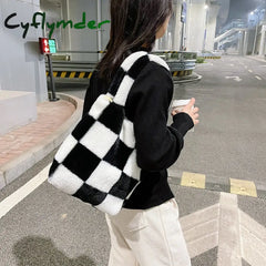 Cyflymder Fashion Checkered Print Shoulder Bag Autumn Winter Hit Color Ins Women Plush Handbag Tote