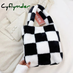 Cyflymder Fashion Checkered Print Shoulder Bag Autumn Winter Hit Color Ins Women Plush Handbag Tote