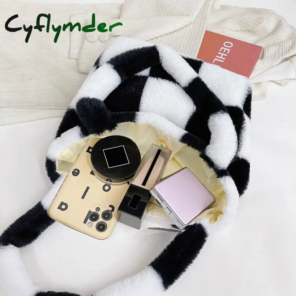 Cyflymder Fashion Checkered Print Shoulder Bag Autumn Winter Hit Color Ins Women Plush Handbag Tote