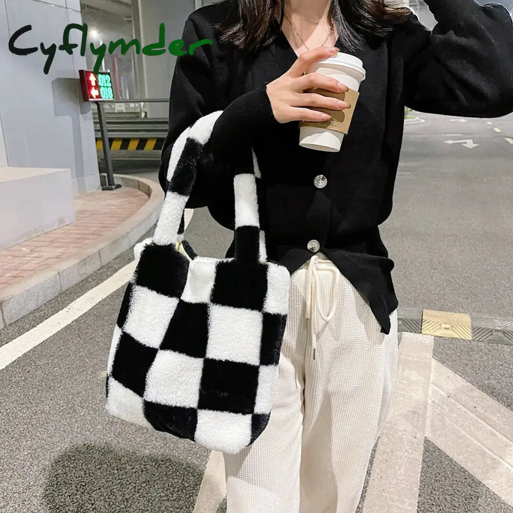 Cyflymder Fashion Checkered Print Shoulder Bag Autumn Winter Hit Color Ins Women Plush Handbag Tote