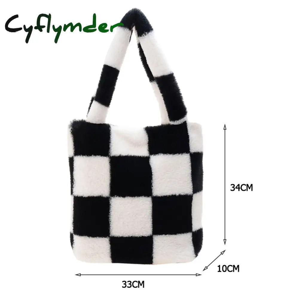 Cyflymder Fashion Checkered Print Shoulder Bag Autumn Winter Hit Color Ins Women Plush Handbag Tote