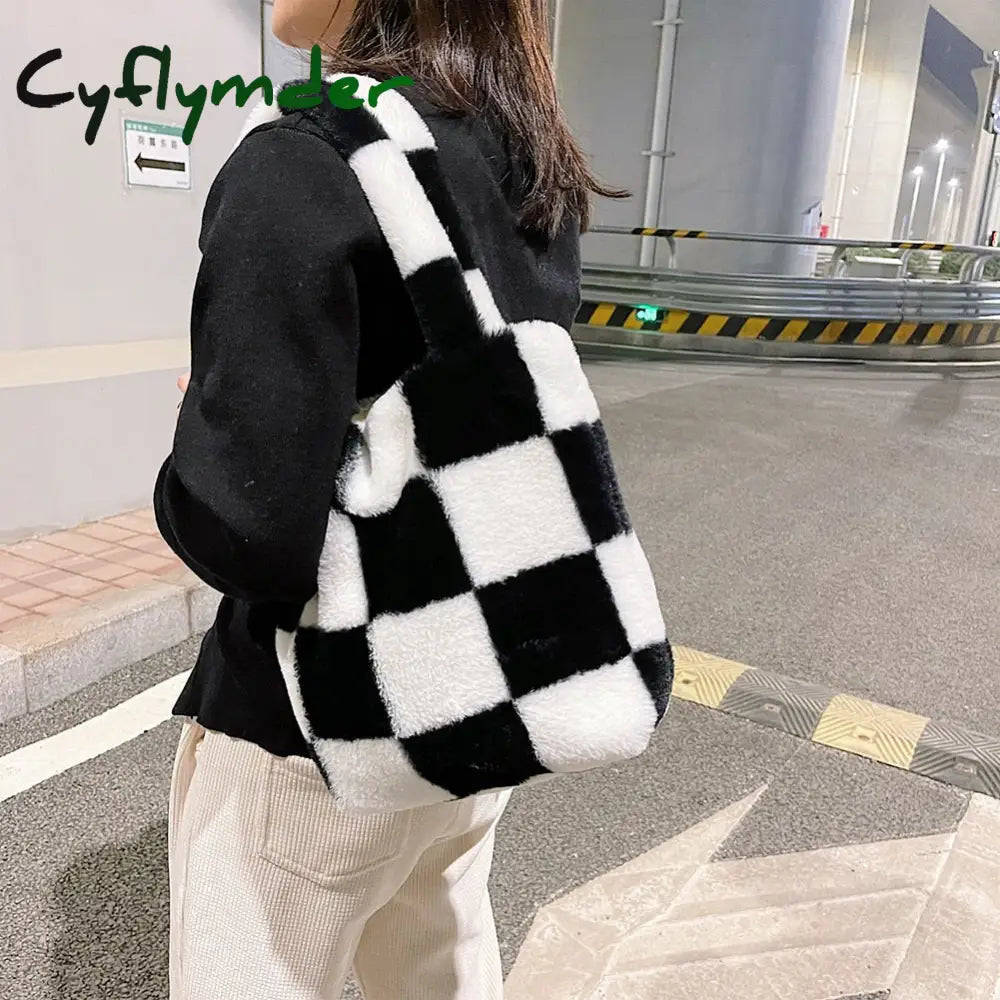 Cyflymder Fashion Checkered Print Shoulder Bag Autumn Winter Hit Color Ins Women Plush Handbag Tote