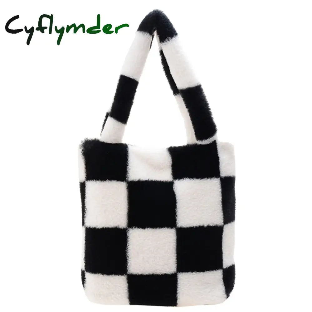 Cyflymder Fashion Checkered Print Shoulder Bag Autumn Winter Hit Color Ins Women Plush Handbag Tote