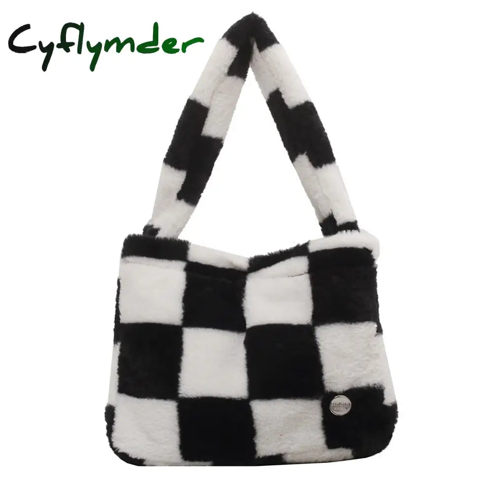 Cyflymder Fashion Checkered Print Shoulder Bag Autumn Winter Hit Color Ins Women Plush Handbag Tote