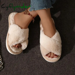 Cyflymder Fashion Cross Strap Fur Slippers Women Indoor Light Warm Plush Home Slippers Woman Faux Fur Flat Heel Couple