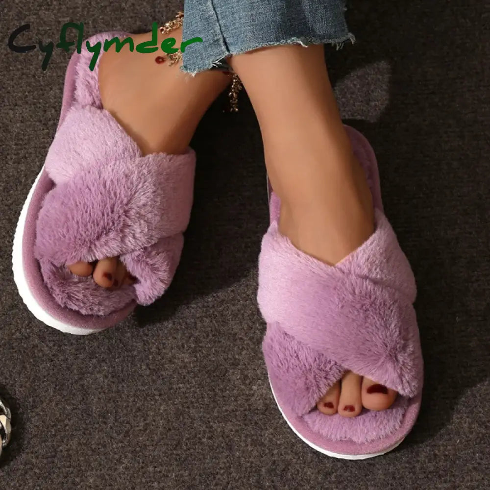 Cyflymder Fashion Cross Strap Fur Slippers Women Indoor Light Warm Plush Home Slippers Woman Faux Fur Flat Heel Couple
