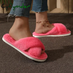 Cyflymder Fashion Cross Strap Fur Slippers Women Indoor Light Warm Plush Home Slippers Woman Faux Fur Flat Heel Couple
