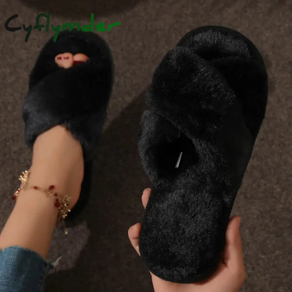 Cyflymder Fashion Cross Strap Fur Slippers Women Indoor Light Warm Plush Home Slippers Woman Faux Fur Flat Heel Couple