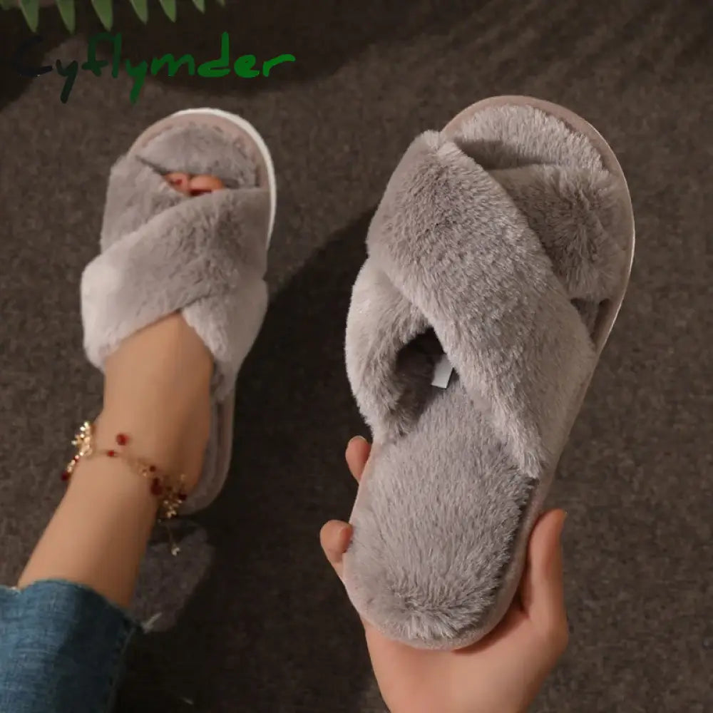 Cyflymder Fashion Cross Strap Fur Slippers Women Indoor Light Warm Plush Home Slippers Woman Faux Fur Flat Heel Couple