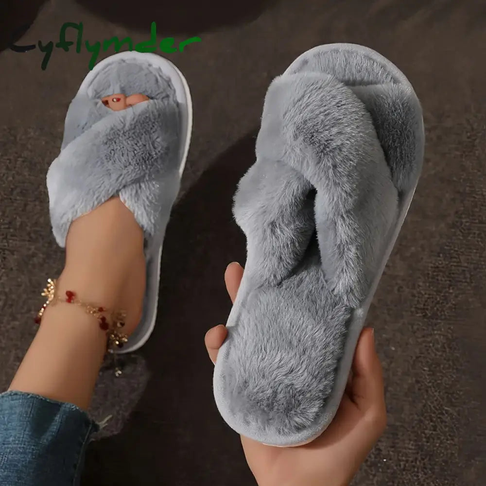 Cyflymder Fashion Cross Strap Fur Slippers Women Indoor Light Warm Plush Home Slippers Woman Faux Fur Flat Heel Couple