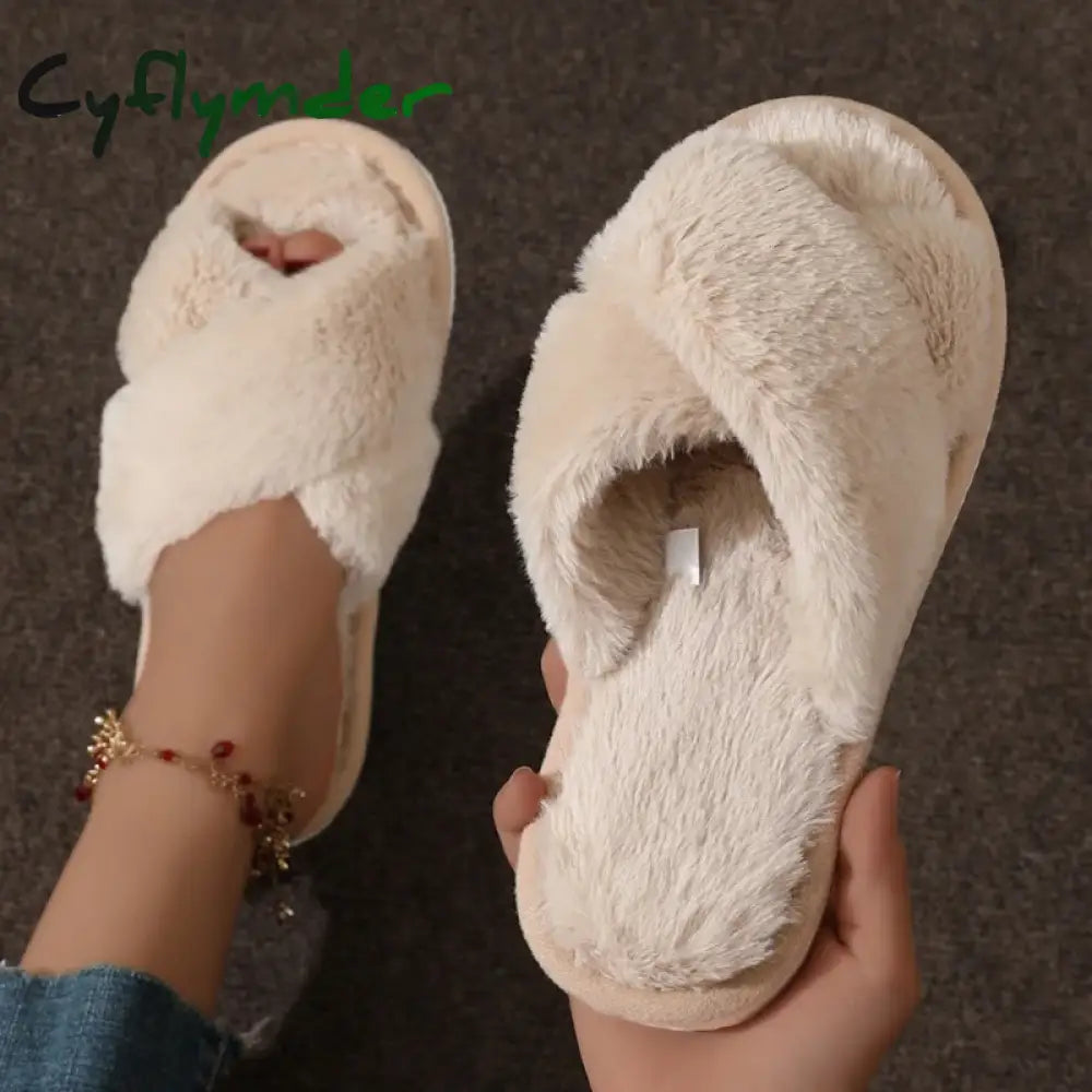 Cyflymder Fashion Cross Strap Fur Slippers Women Indoor Light Warm Plush Home Slippers Woman Faux Fur Flat Heel Couple