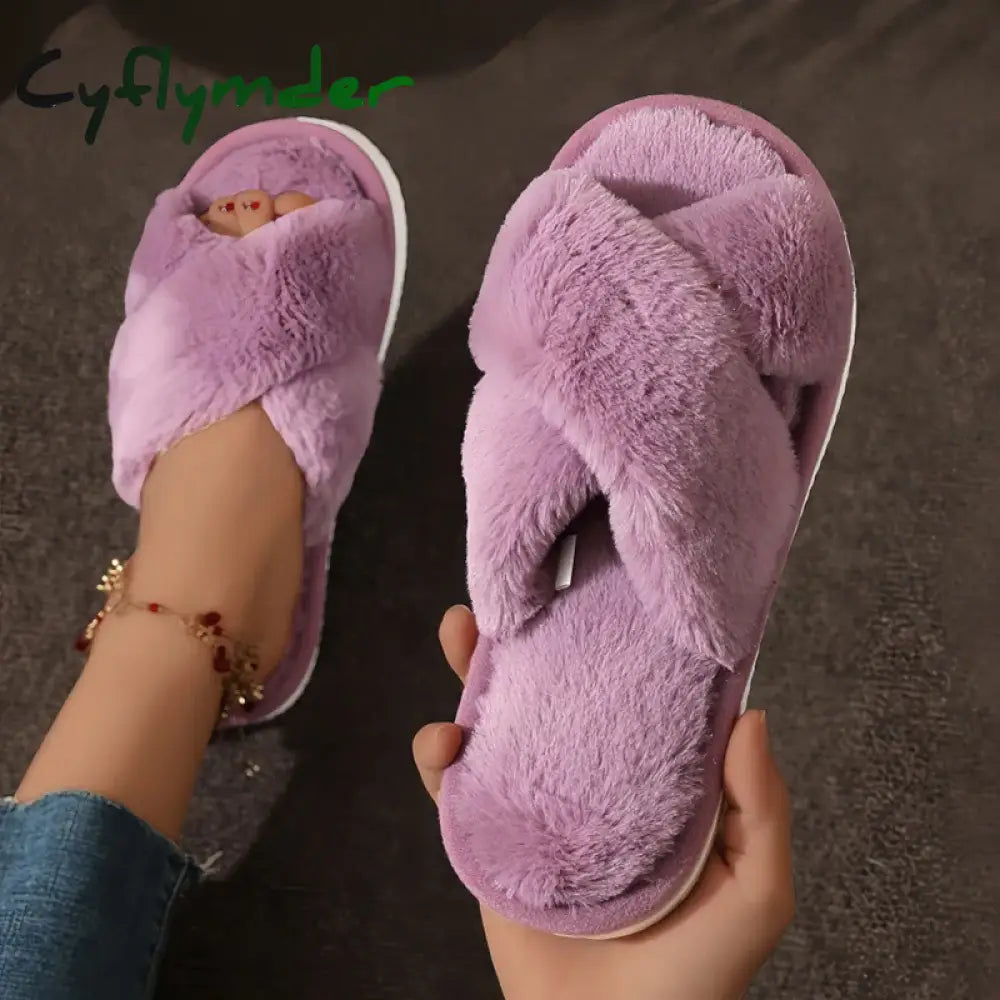 Cyflymder Fashion Cross Strap Fur Slippers Women Indoor Light Warm Plush Home Slippers Woman Faux Fur Flat Heel Couple