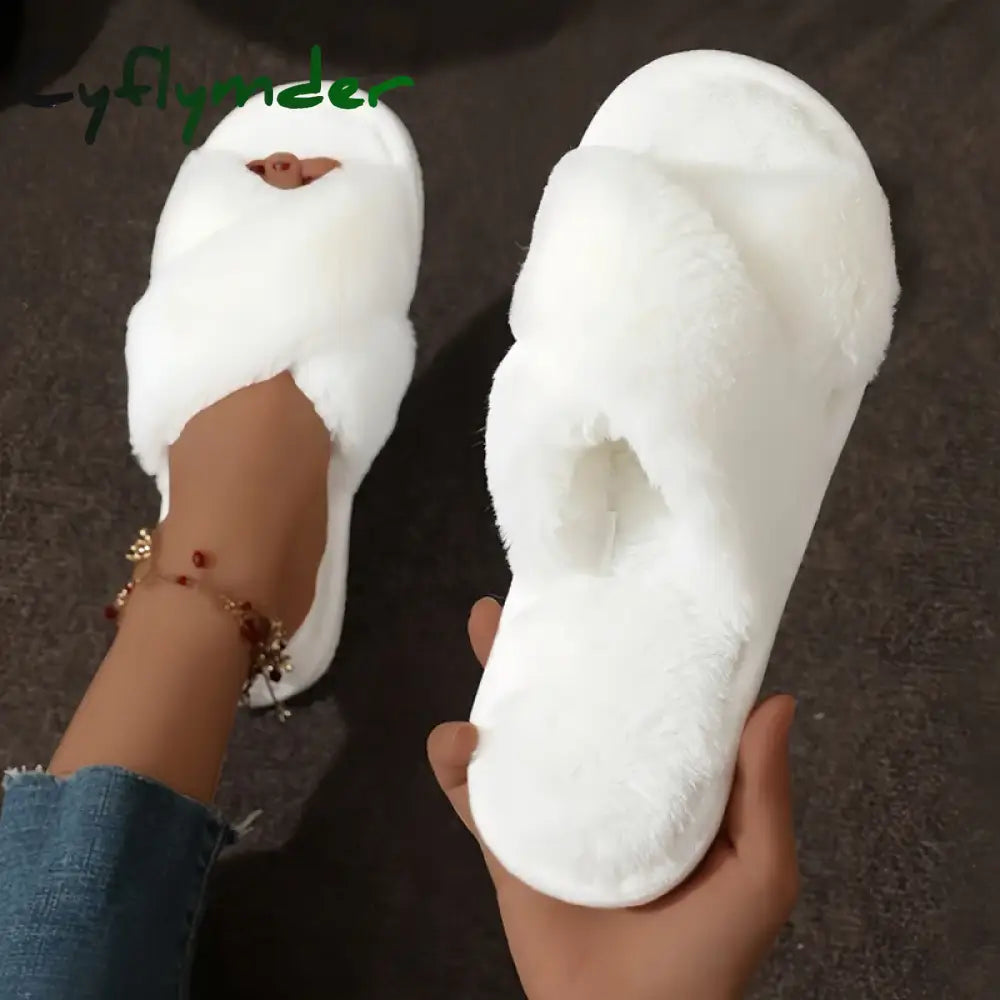 Cyflymder Fashion Cross Strap Fur Slippers Women Indoor Light Warm Plush Home Slippers Woman Faux Fur Flat Heel Couple
