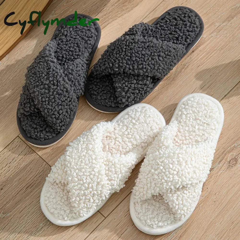 Cyflymder Fashion Cross Strap Fuzzy Slippers Women Indoor House Non Slip Warm Plush Woman Slippers Winter Comfort Soft