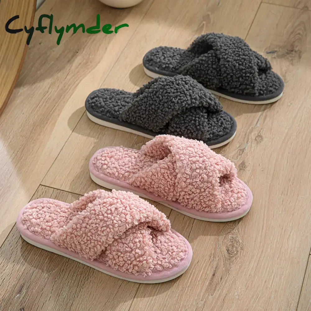 Cyflymder Fashion Cross Strap Fuzzy Slippers Women Indoor House Non Slip Warm Plush Woman Slippers Winter Comfort Soft