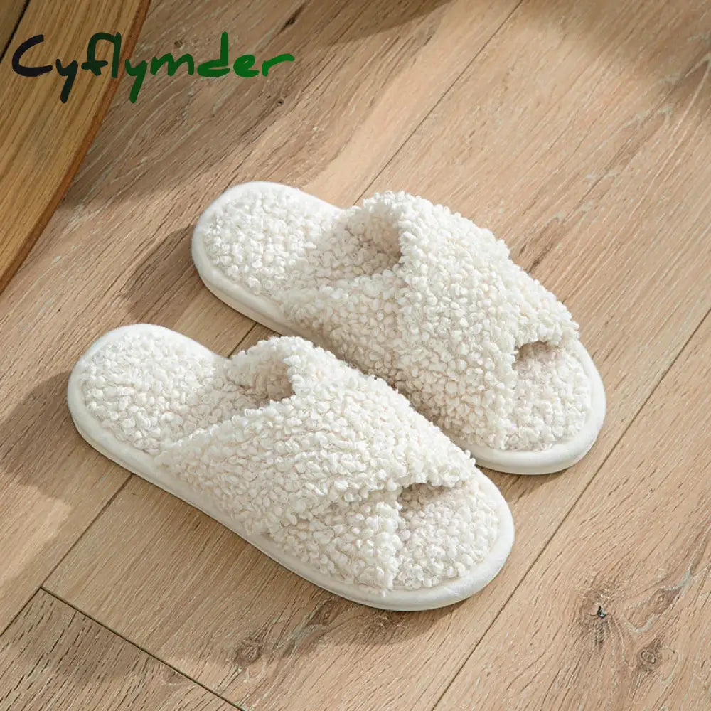 Cyflymder Fashion Cross Strap Fuzzy Slippers Women Indoor House Non Slip Warm Plush Woman Slippers Winter Comfort Soft