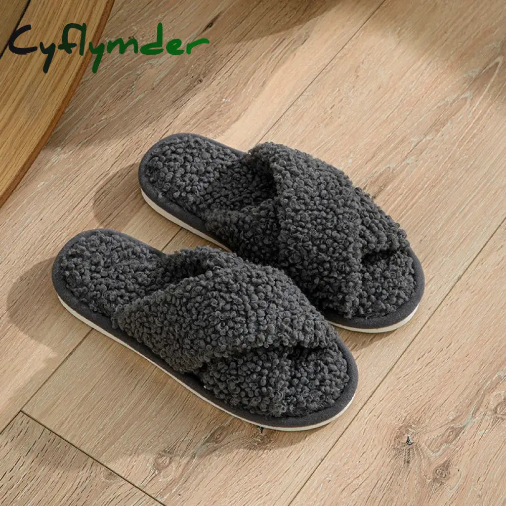 Cyflymder Fashion Cross Strap Fuzzy Slippers Women Indoor House Non Slip Warm Plush Woman Slippers Winter Comfort Soft