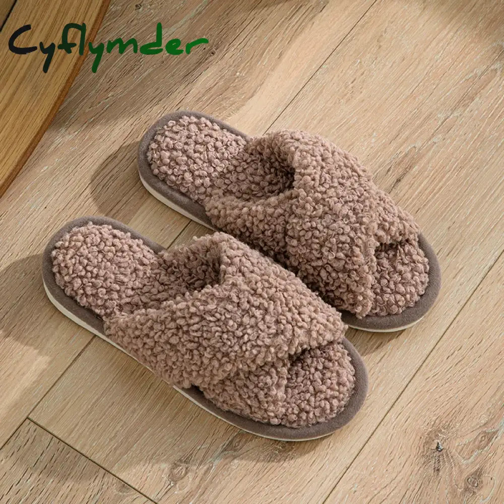 Cyflymder Fashion Cross Strap Fuzzy Slippers Women Indoor House Non Slip Warm Plush Woman Slippers Winter Comfort Soft