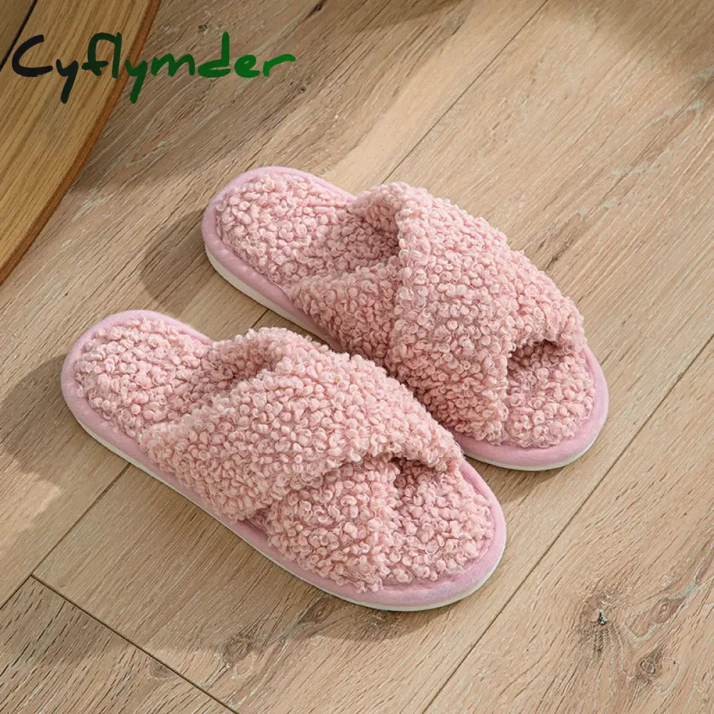 Cyflymder Fashion Cross Strap Fuzzy Slippers Women Indoor House Non Slip Warm Plush Woman Slippers Winter Comfort Soft