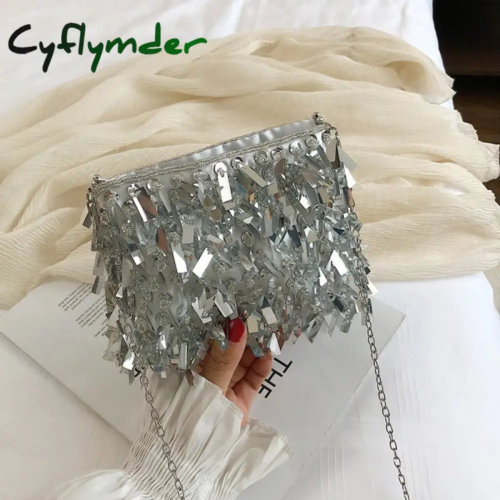 Cyflymder Fashion Design Luxury Silver Sequin Rhinestone Tassel Women Small Shoulder Bags Chain