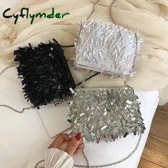 Cyflymder Fashion Design Luxury Silver Sequin Rhinestone Tassel Women Small Shoulder Bags Chain