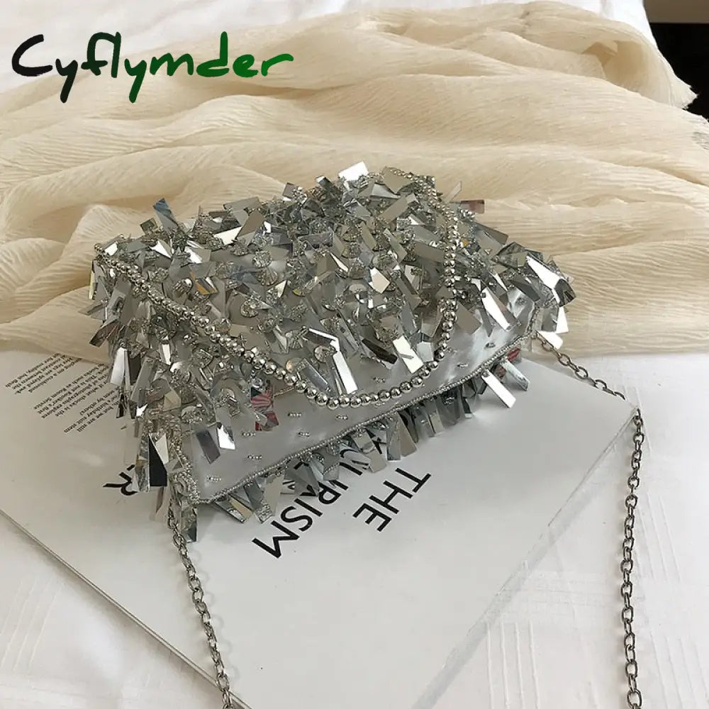 Cyflymder Fashion Design Luxury Silver Sequin Rhinestone Tassel Women Small Shoulder Bags Chain