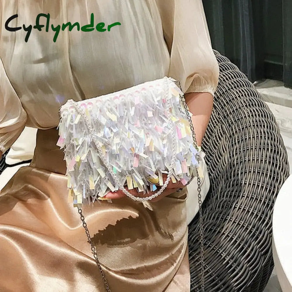 Cyflymder Fashion Design Luxury Silver Sequin Rhinestone Tassel Women Small Shoulder Bags Chain