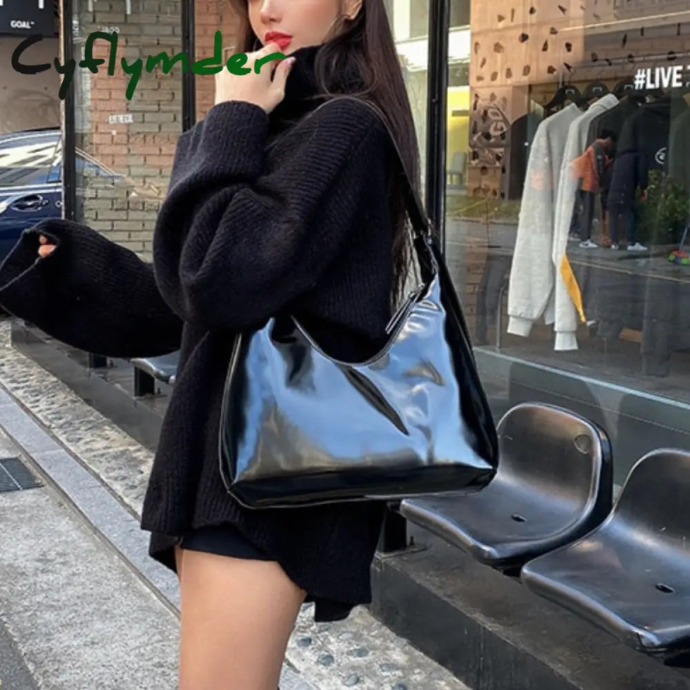 Cyflymder Fashion Design Women Shoulder Bags Vintage Patent Leather Ladies Underarm Bag Retro Solid