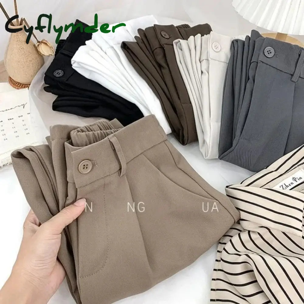 Cyflymder Fashion Elastic High Waist Pants Women Spring Casual Loose Solid Straight Trouser Office