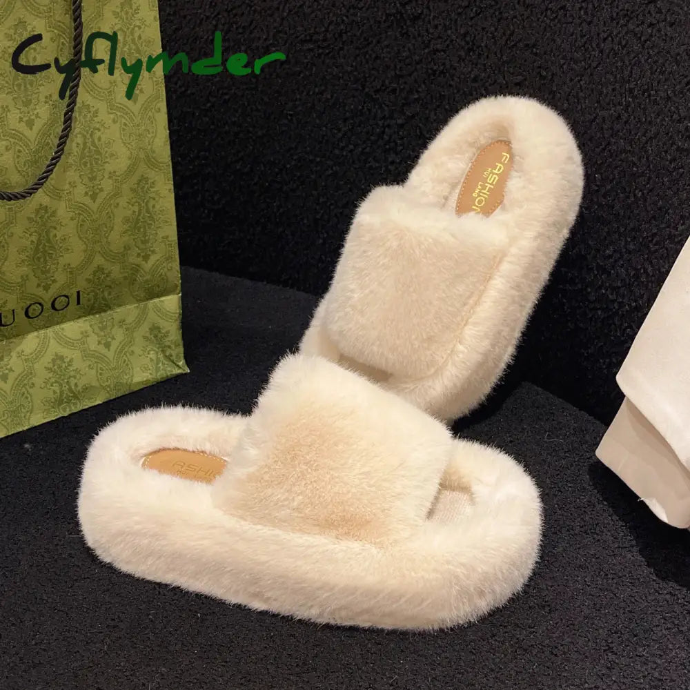 Cyflymder Fashion Faux Fur Home Cotton Shoes New Slippers Women Winter Warm and Soft Platform Slippers Women Flat
