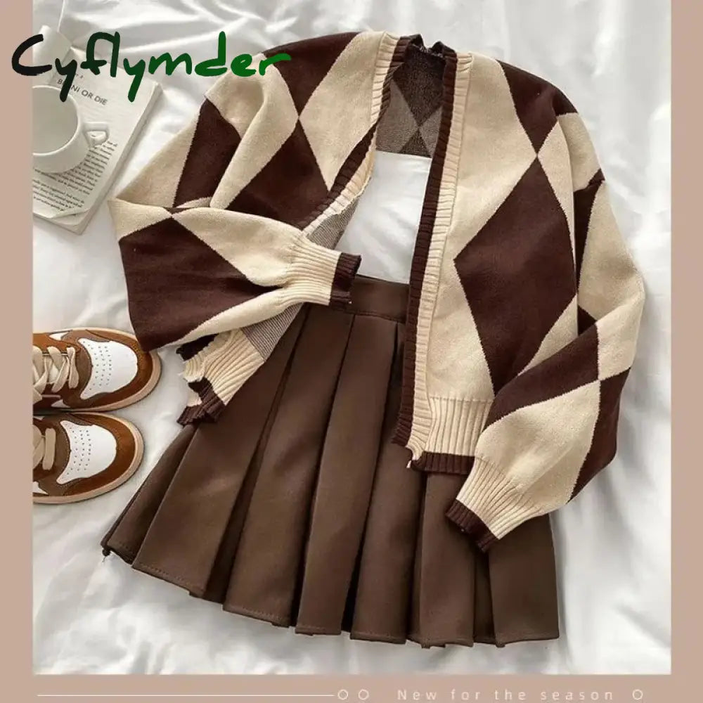 Cyflymder Fashion Hot Girl Knitting Suit Sling Sweater Cardigan Coat Autumn Winter Pleated Short Skirt Sweet Elegant