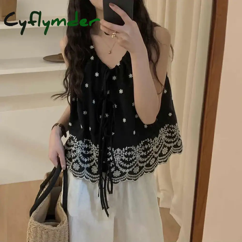 Lace Up Bow Embroidery Camisole T-Shirt Women's Clothing 2024 Summer New Loose Casual Tops Korean Sleeveless Tee Shirt