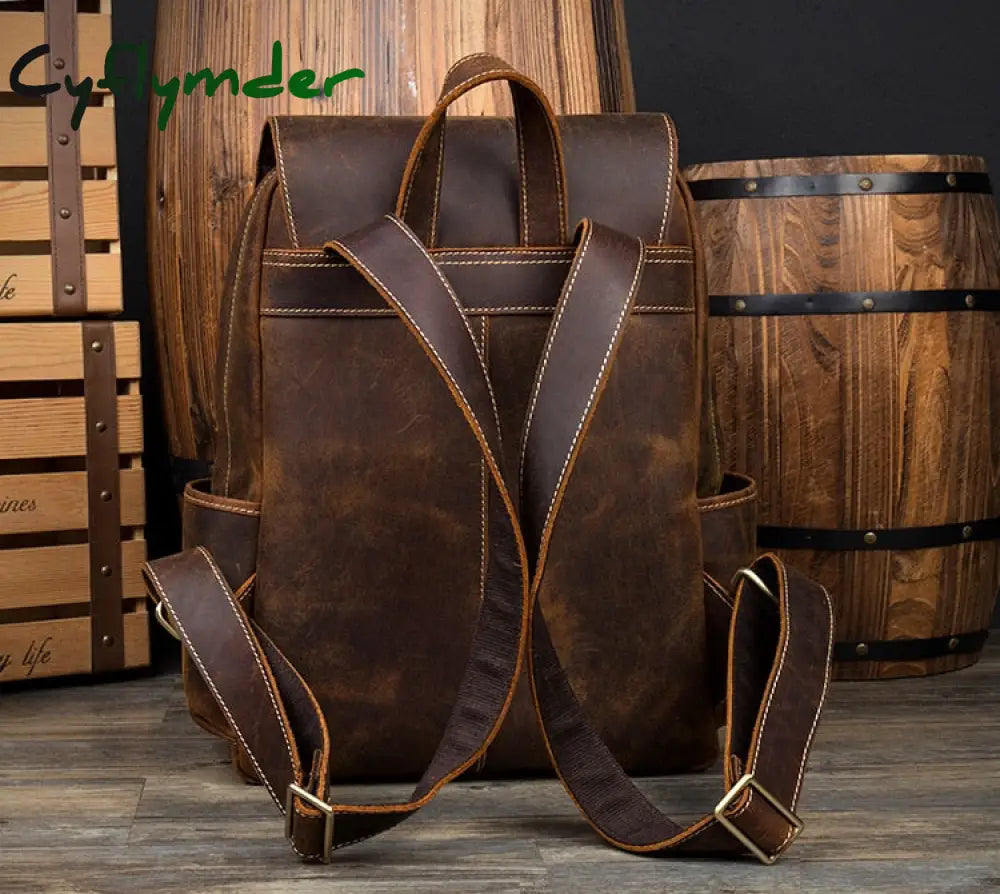 Cyflymder Fashion Leather Backpack Men Male Laptop For 15.6 Inch Computertravel Men’s Bagpack