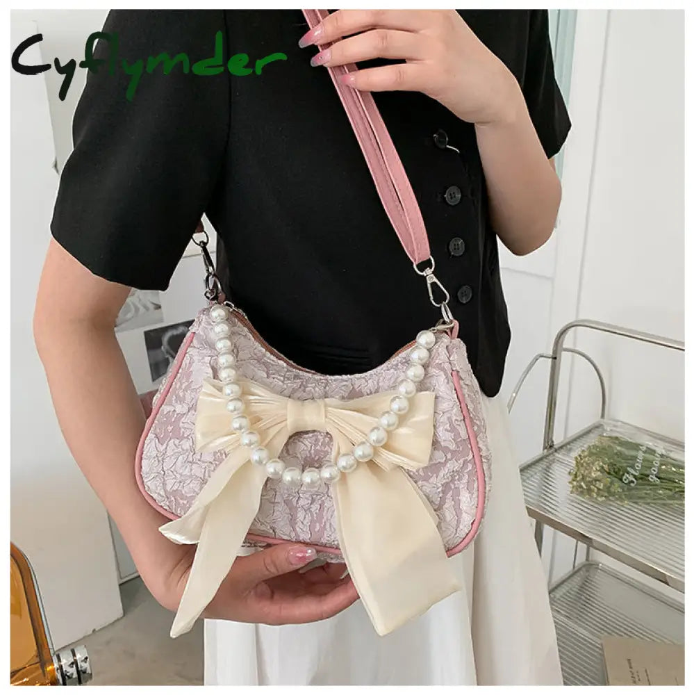 Cyflymder Fashion Pearl Chains Design Female Shoulder Messenger Bag Sweet Bow Ladies Crossbody Bags