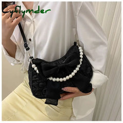 Cyflymder Fashion Pearl Chains Design Female Shoulder Messenger Bag Sweet Bow Ladies Crossbody Bags